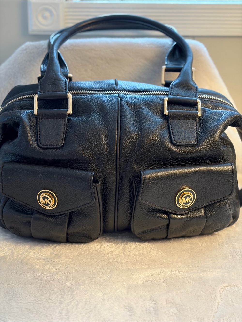 Michael Kors Black Pebbled Leather Satchel with Gold MK Emblems
